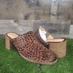 New Madewell The Carey Block Heeled Mule in Painted Leopard Calf Hair Brown